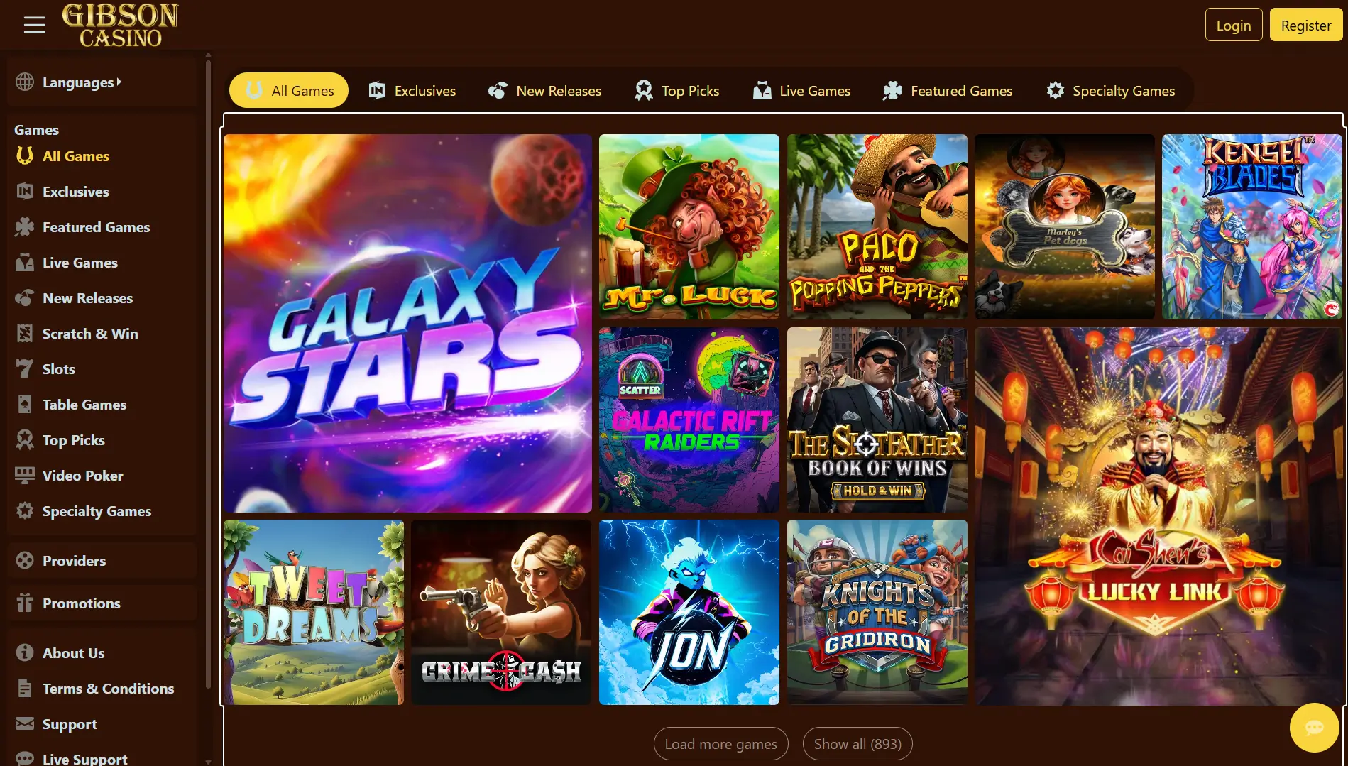 Gibson Casinos startsida med online slots och framhävda kategorier